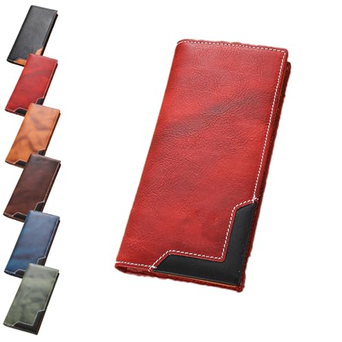 Upliftjoys Cowhide Vintage Wallet,Mens Leather Bifold Long Card Wallets for Father Mens Big Checkbook Handcrafted Wallets (Red)