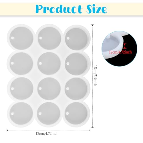 Qianyu 12 Pcs Cavity Shiny Flat Circle Silicone Mould with Hanging Hole Round Drilled Keychain Jewelry Pendant Earrings Decor Model DIY Crafts Making Pet Tag Charms Resin Casting Mould - Image 2
