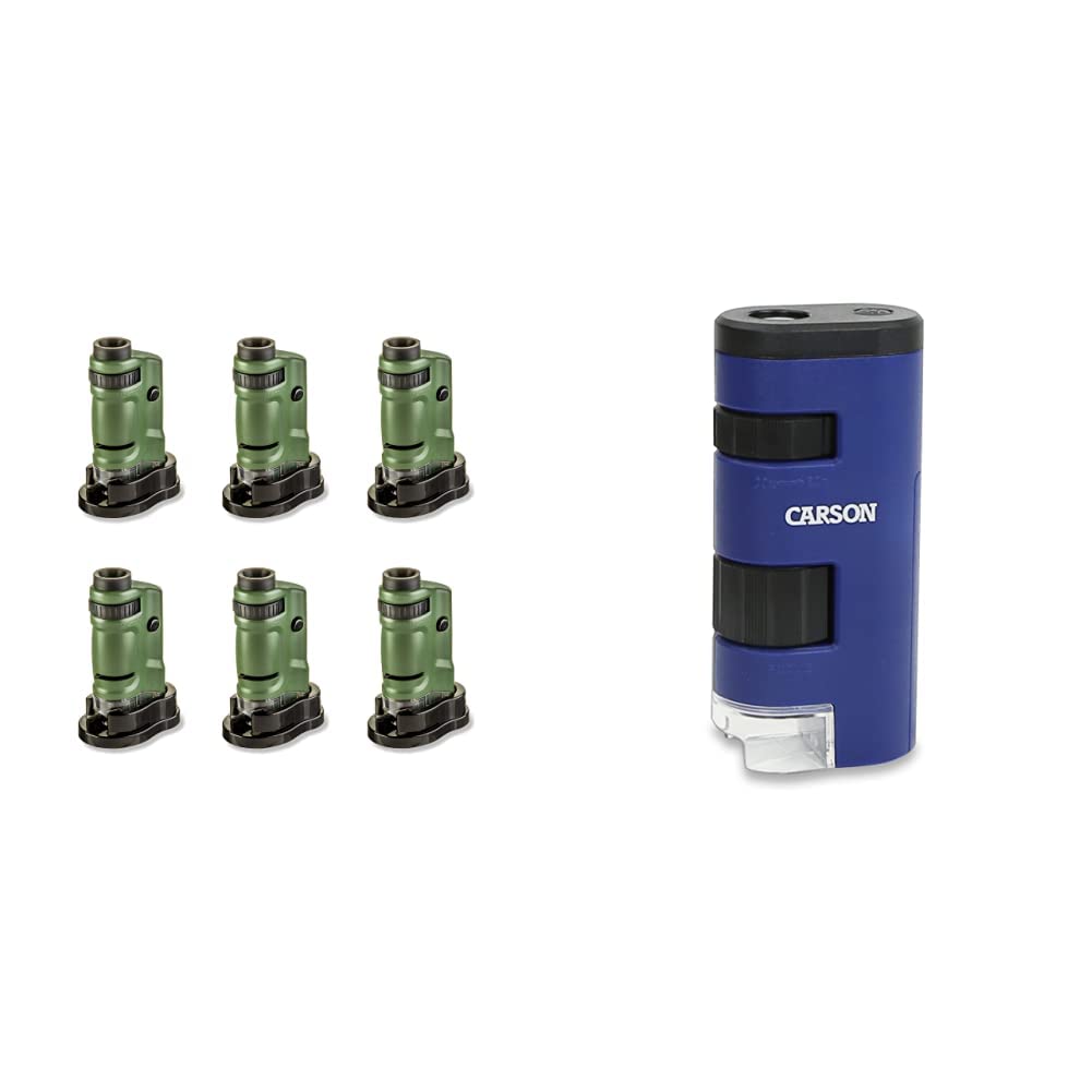 Carson MicroBrite 20x-40x LED Lighted Pocket Microscope for Learning, Education and Exploring - Set of 6 (MM-24MU) & Pocket Micro 20x-60x LED Lighted Zoom Field Microscope,Blue