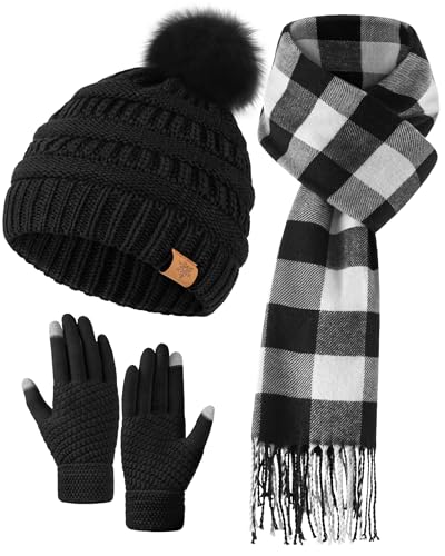 Loiyadn Winter Hat Gloves Scarf Set for Women, Fleece Lined Beanies, Long Scarf for Women and Touchscreen Winter Gloves 3 in 1 Set for Cold Weather E ssentials Warm Comfort
