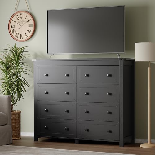 Image of BORNOON Tall 8-Drawer Dresser, Modern Wooden Storage Chest of Drawers, Dresser TV Stand, Wood Drawer Organizer with Metal Handles for Bedroom, Living Room, Hallway