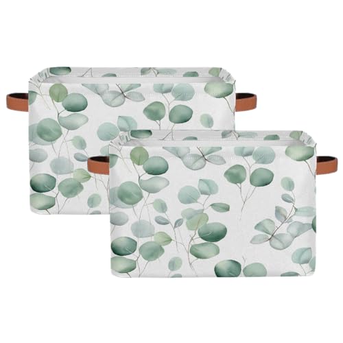Image of Eucalyptus Leaves Storage Baskets for Organizing, Fabric Collapsible Storage Bins Box Sage Green Decorative Toy Organizer Baskets for Closet Shelves Gift Basket 2Pcs