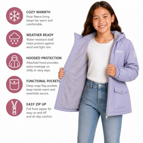 Image of DKNY Girls Midweight Jacket - Cozy Sherpa Fur Lined Water Resistant Hooded Anorak Windbreaker Zip Up Jacket for Girls