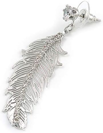 Silver Tone Clear Crystal Delicate Feather Drop Earrings - 50mm Long, silver, white / ivory - Image 5
