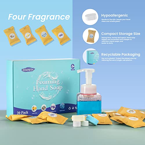 Zimwin 20 Pack Foaming Hand Soap Tablet Refills, 4 Scent, 12G Big Tablets, Makes 240 Fl Oz Soap Total, Eco Friendly Hand Wash Tablets Lemon, Coconut, Oceanic, Lavender Fragrance #TOP4