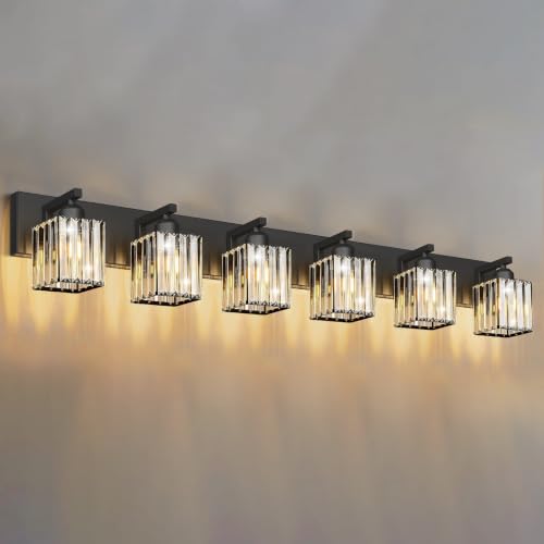 Image of Black Crystal Bathroom Vanity Light, 6-Light Modern Bathroom Lighting Fixtures Over Mirror, Matte Black Wall Sconce Light Fixtures with Square Shade