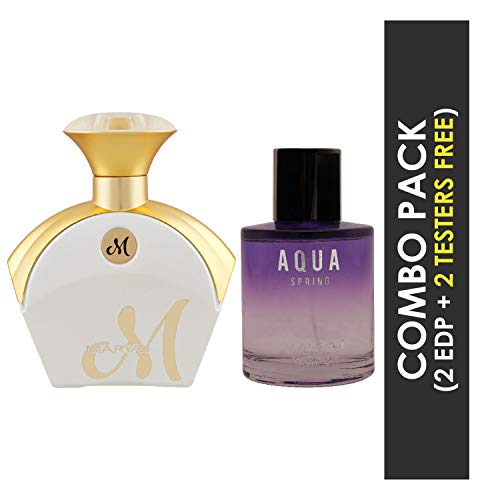 Image of MARYAJ M White for Her Eau De Parfum Floral Fruity Perfume 90ml for Women and MARYAJ Aqua Spring Eau De Parfum Fruity Floral Perfume 100ml for Women + 2 Parfum Testers FREE