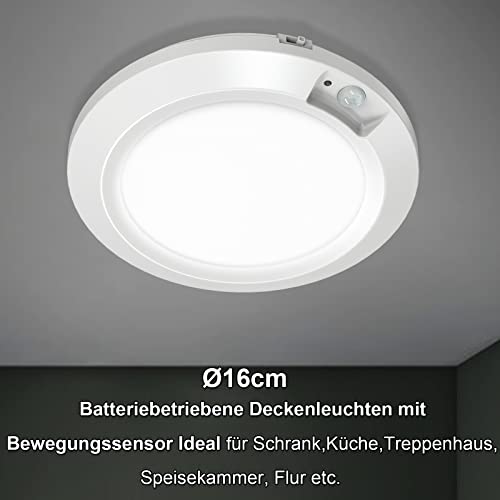 Awanber Deckenleuchte Batteriebetrieben mit Bewegungsmelder, 210LM LED Batterie Lampe Innen Aussen Hell Wandlampe Kabellos für Schrank, Schuppen, Keller, Garage, Flur - Ø16cm 6000K Kaltweiß (2 Stück)