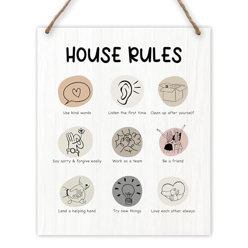 Beshoul House Rules Neutral Ready to Hanging Family Rule Wooden Sign for Home Playroom Toddler Bedroom Living Room Kitchen Farmhouse Wall Decor - E03