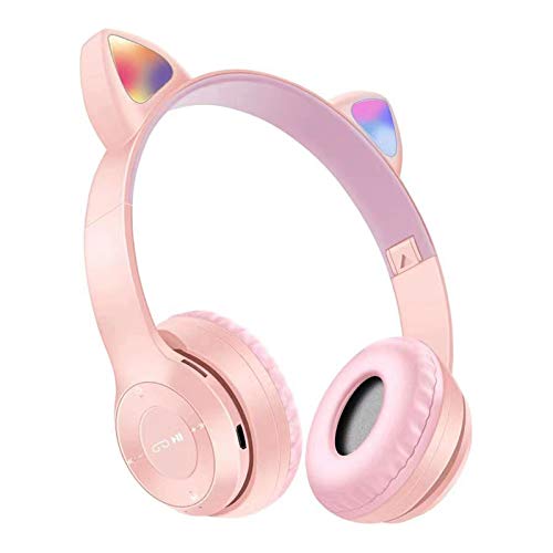 Kids Headphones, Cat Ear LED Light Up Headphone with Mic, Wireless Foldable Bluetooth Stereo Over-Ear kids Headsets for PC/Phone/Study/Travel