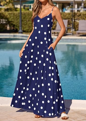 Image of KIRUNDO Womens Polka Dot Spaghetti Strap Flowy Maxi Dress | Sleeveless V Neck Boho Long Dresses, 2026 Summer Beach Vacation Cruise Outfits, A-Line Backless Sundress With Pockets