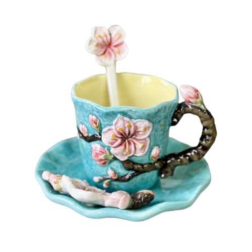 FORLONG Ceramic Apricot Blossom Coffee Mug and Saucer set with Spoon,3D Handmade and Hand-painted Tea Mug, 6OZ