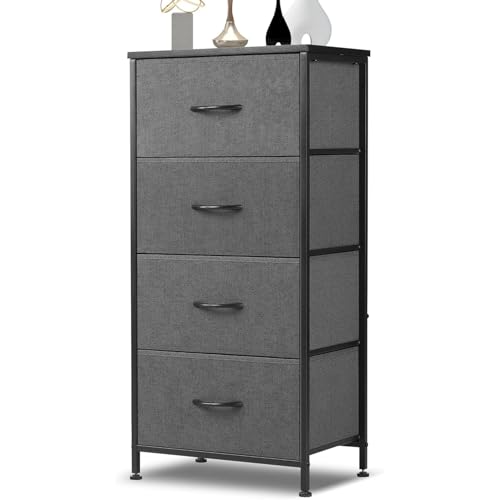 DUMOS Kommode mit Schubladen - Kommoden & Sideboards für Schlafzimmer Geeignet, Komodenschrank mit 4 Schubladen, Stoffkommode mit Stabilem Stahlrahmen, Ideal für Schlafzimmer, Wohnzimmer (Grau)