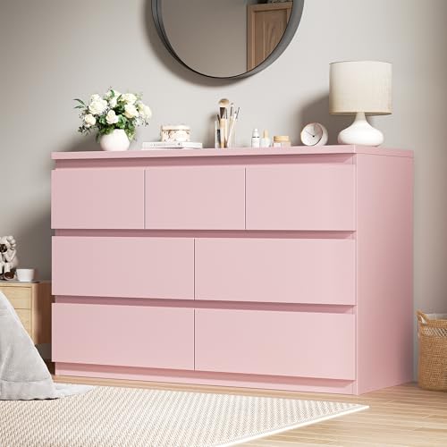 Orgobysol Modern 7 Drawer Dresser for Bedroom,Pink Wood Chest of Drawers,Closet Clothes Storage Organizer with Deep Drawers for Living Room Hallway Entryway,Nursery (15.3" D x 47.2" W x 32.3" H)