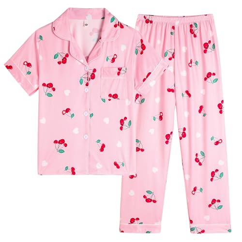 Vopmocld Girls 2PCS Pajama Sets Button Down Short Sleeve Long Pants Sleepwear Cute Patterns Lounge Outfit Sest for Teens