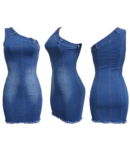 Image of Sexyshine Women's Sexy One Off Shoulder Bodycon Denim Mini Dress Sleeveless Tube Top Raw Hem Slim Fit Jeans Dress