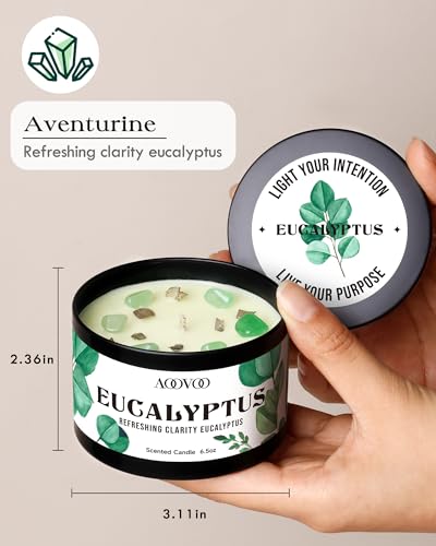 Image of AOOVOO 2 Pack Eucalyptus Mint Candles - Aromatherapy Candle with Crystals & Eucalyptus Leaves, 13oz 100 Hours Long Lasting, Non Toxic Soy Candle for Home Spa Relaxation Meditation Yoga