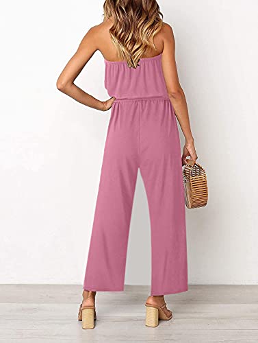 Zesica Women's 2023 Casual Off Shoulder Solid Color Strapless Belted Wide Leg Jumpsuit Romper,Dustypink,Medium #TOP3