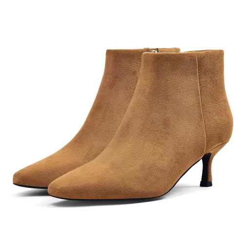 GENSHUO Kitten Heel Ankle Boots for Women Closed Little Square Toe Booties 2 Inch Heels Elegant Side Zipper Low Boots Fashion Party Fall Shoes Camel Brown Suede Size 7
