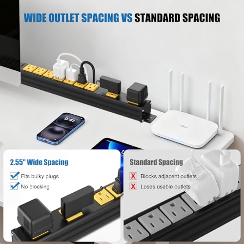 Image of 9 Outlet Wall Mount Metal Power Strip, 2 Extra-Wide (2.55IN) and 7 Standard Spaced Outlets, Flat Plug Extension Cord 6FT 14AWG with Switch, 15A 1875W ETL Listed for Garage, Workshop, Home