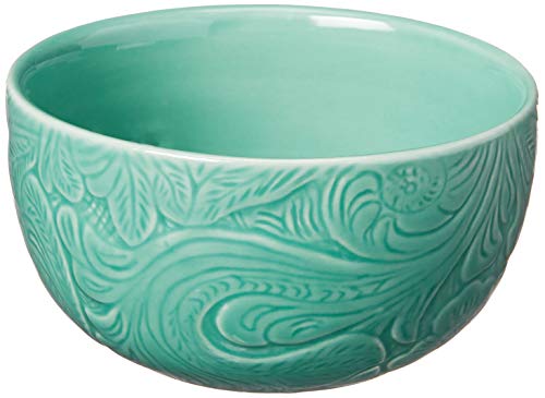 Hiend Accents Savannah 16 Piece Ceramic Dinnerware Set With Plates, Bowls, Mugs, Turquoise Tooled Leather Floral Pattern, Modern Rustic Western Style #TOP4
