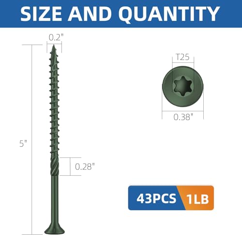 Image of #10 x 5 Heavy-Duty Deck Screws - Green Long Outdoor Wood Screws, Torx Drive with T25 Bit, Rust Resistant for Wood Decking and Fence (1lb,43Pcs)