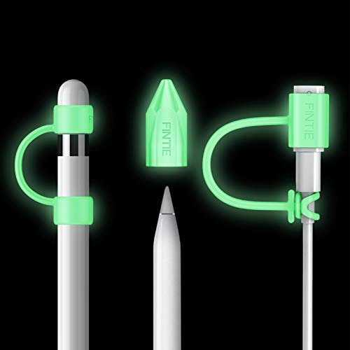 Fintie 3 Pieces Silicone Bundle Compatible with Apple Pencil 1st Generation, Soft Protective Cover Accessories Pencil Cap Holder with Nib Cover, Cable Adapter Tether, Green Glow in The Dark