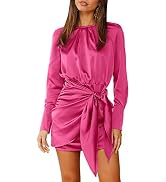 ANRABESS Women Casual Long Sleeve Crewneck Ruched Wrap Short Party Dress Tie Waist Satin Cocktail...