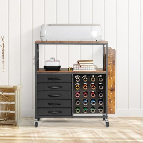 Image of LUCKUP Organization and Storage Craft Table for Cricut Machines, Rolling Cart Cabinet with 28 Vinyl Roll Holders and 5 Drawers, Heat Press Stand Crafting Storage Cart with Hooks, Black (Black)