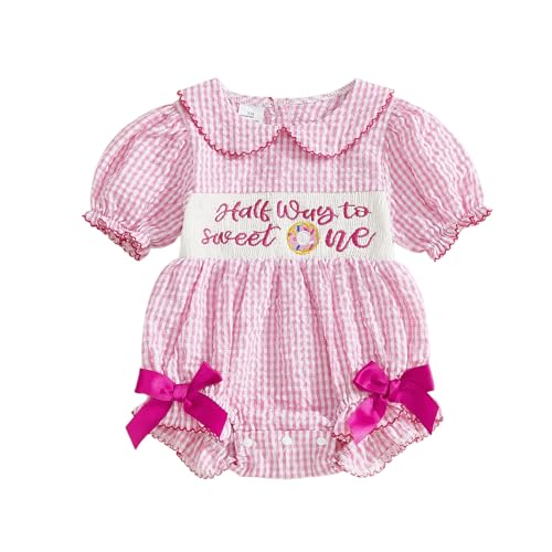 Bagilaanoe Half Birthday Outfit Baby Girl Half Way to Sweet ONE Donuts Short/Long Sleeve Romper Smocked Bubble Clothes (Short Sleeve-Pink 6-12 Months)