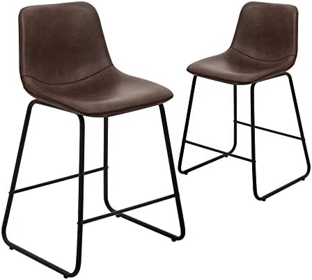 CangLong Faux Leather Armless Counter Stool Black Metal Base Faux Leather Bucket Seat, (2 PCS 24" inch), Brown
