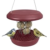 SWISSINNO Vogelfutterhaus zum Aufhängen – Lucerne SMART Birds - Meisenknödelhalter mit Auffangschale - Futterstation Rattensicher - Vogelfutterspender für 7 Meisenknödel - Burgund