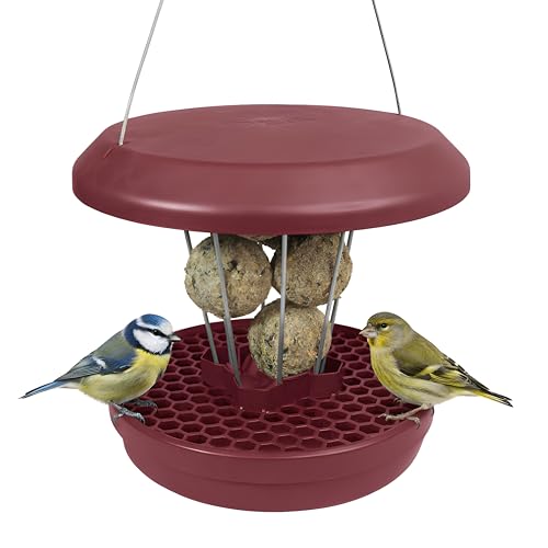 SWISSINNO Vogelfutterhaus zum Aufhängen – Lucerne SMART Birds - Meisenknödelhalter mit Auffangschale - Futterstation Rattensicher - Vogelfutterspender für 7 Meisenknödel - Burgund