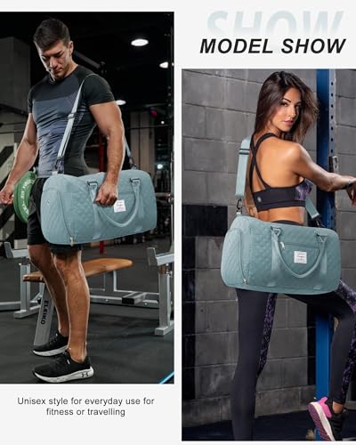 Image of Gym Duffle Bag for Women with Shoe Compartment Waterproof Travel Tote Bags Personal Item Carry On Weekender Overnight Bags with Toiletry Bag Swimming Yoga Bags Hospital Holdalls Light Blue