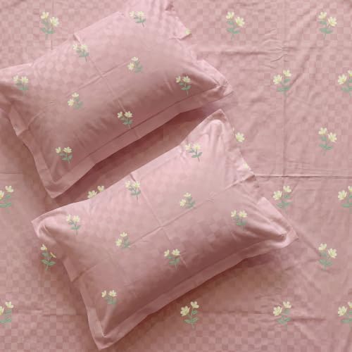 Image of Urban Space 100% Cotton 300TC Jacquard Embroidered bedsheets for King Size Bed, Pure Cotton King Bedsheet, Checks bedsheet King Size with 2 Pillow Covers (108 inch x 108 inch, Neerja Dusty Pink)