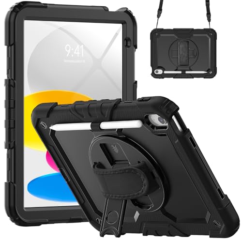 Image of Neopack Military Grade Shockproof Rugged Case with Shoulder Strap & 360 Degree Rotating Stand Compatible with iPad 10.9, Fits: 10th Gen (Black)