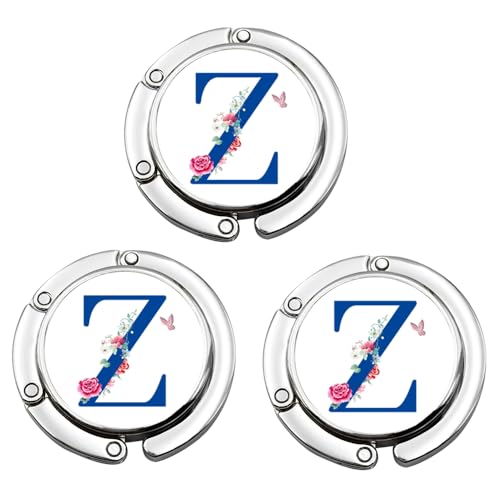 Handbag Hanger, Set of 3 Foldable Purse Hook Purse Table Hook Holder Flower Letter Bag Hanger Folding Purse Hanger Personalized Letter Collection Desk Table Bag Hook for Women Bag (Letter Z, Blue)