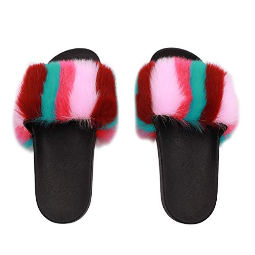 surell - Womens Faux Rex Rabbit Fur Strap Slippers - Fluffy Furry Soft Footwear Slides for Indoor and Outdoor Use - Soft Comfortable Relaxing Shoes - Fuzzy Fluffy Vacation Slide