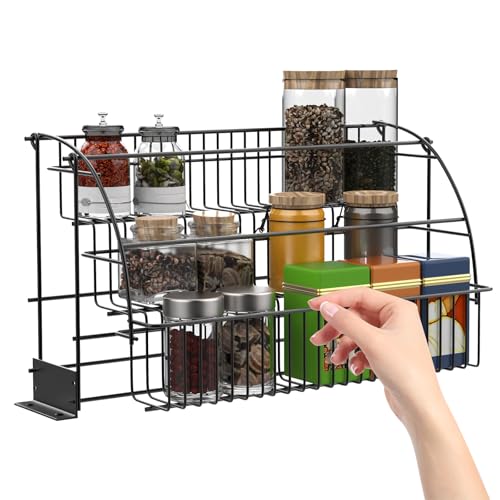 Ficwzw 3-Tier Pull Down Spice Rack,Pull Down Cabinet Spice Rack Organizer,Metal Step Storage Holder, Retractable Large Capacity Kitchen Storage Shelf Organizer for Kitchen Cabinet Cupboard Pantry