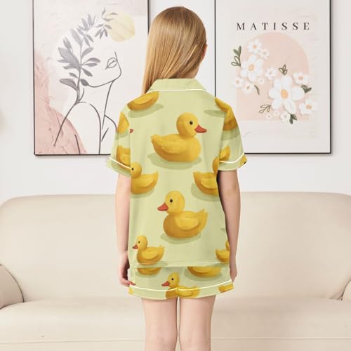 Satin Pajama Sets Short Sleeve Yellow Rubber Ducks Pattern Button Down Silky Nightwear 2 Piece PJS 5-14Y4