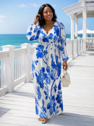 Image of PinkPatty Plus Size Dresses for Curvy Women V Neck Flowy Long Sleeves Wrap Maxi Dress Travel Vacation Outfits