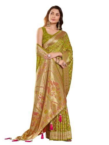 MANOHARI Olive Green Patola Silk Saree for Women with Zari Border & Blouse_MN2170