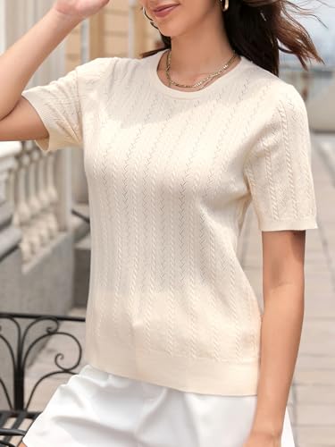 Image of SANGTREE Women's Cable Knit Half Sleeve Sweaters, Crew Neck Solid Color Knitted Summer Pullover Tops