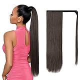ISWEET - Long Ponytail Extension for Black Women - 28” Brown Straight Clip on Pony Tails Hair Extensions - Magic Paste Heat Resistant Synthetic Wrap Around Fake Ponytail Hairpiece