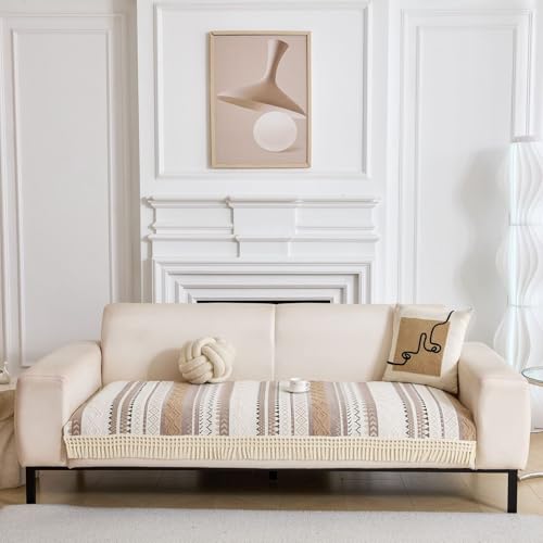 Image of HOMETHREADS Innovative European Premium Style Anti Slip Cotton Sofa Cover Mat with PVC Backing for Non-Slip Comfort (Khaki, 4 Seater | 70x210cm)