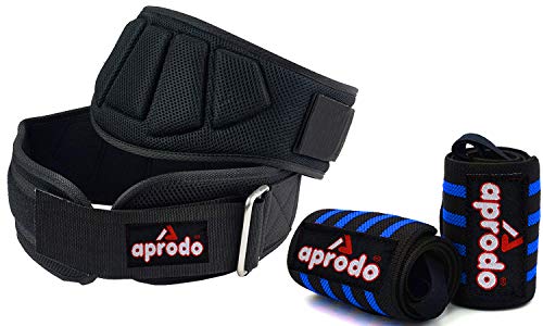 Image of Aprodo Fitness Combo Power Nylon Weightlifting Belt with Wrist Support (1 Pair) for Men and Women (Black Blue Combo, Medium 32'' - 36'')
