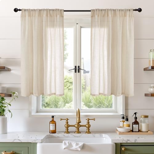 Image of BGment 40 Inch Length Burlap Tan Linen Curtains for Kitchen Window | Short Semi Sheer Drapes Light Filtering with Rod Pocket for Cafe Bathroom Bedroom Lightweight, 2 Panels Set, 42 X 40 Inch