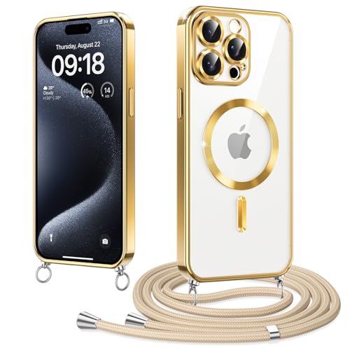 Elettrolitico Magnetica Cover con Cordino per iPhone 15 Pro 6.1 Compatibile con Magsafe Ricarica Antiurto AntiGraffio con Collana Regolabile Case per 15 Pro wireless tpu oro