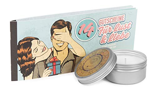 Deluxe Verwöhnset 14 Gutscheine für Lust & Liebe  für Ihn  & Deluxe Massagekerze herzerwärmend mit pflegenden Soja & Kokosölen Nikolaus-Geschenkset für Ihn