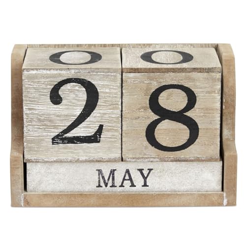 Wooden Perpetual Block Calendar for Desk, Wood Month Date Display Blocks for Teachers,...